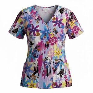 FLEX Women's Floral Print V Neck Scrub Top Short Sleeve Workwear Size SM
